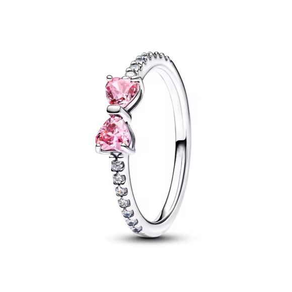 Pink Bow Icon Ring – Pave Band, Stamped S925 Sterling Silver 💖✨ - Picture 1 of 7